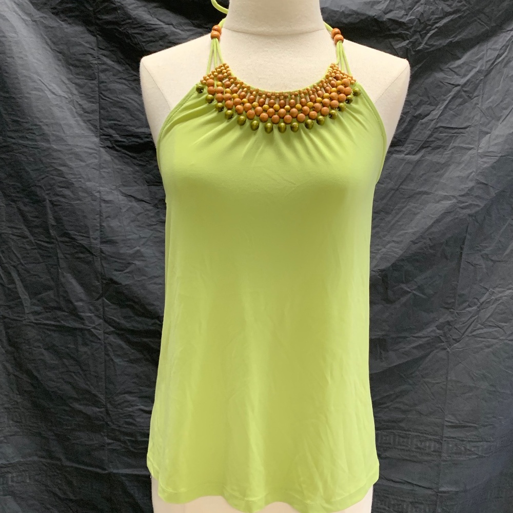 Lime Green Halter Top Wood Beads Neckline